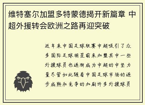 维特塞尔加盟多特蒙德揭开新篇章 中超外援转会欧洲之路再迎突破