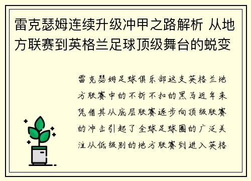 雷克瑟姆连续升级冲甲之路解析 从地方联赛到英格兰足球顶级舞台的蜕变